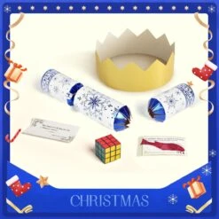 12PCS Christmas Blue & White Snowflakes No-Snap Crackers With Party Hat -Popfun 12 pack blue white christmas party favors with party hat 360703
