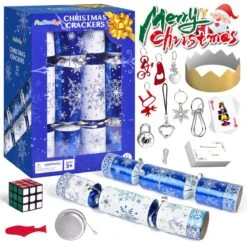 12PCS Christmas Blue & White Snowflakes No-Snap Crackers With Party Hat