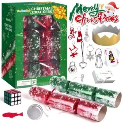 12PCS Christmas Red & Green Snowflakes No-Snap Crackers With Party Hat