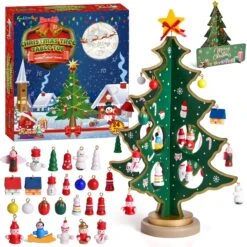 Christmas Advent Calendar: Wooden Tabletop Tree With Ornaments