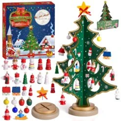 Christmas Advent Calendar: Wooden Tabletop Tree With Ornaments -Popfun 12 wooden tabletop christmas tree 24 tiny ornaments 328405