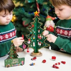Christmas Advent Calendar: Wooden Tabletop Tree With Ornaments -Popfun 12 wooden tabletop christmas tree 24 tiny ornaments 697783