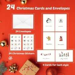 72PCS Christmas Greeting Cards, Envelopes & Stickers Set -Popfun 24pcs christmas greeting cards 159563