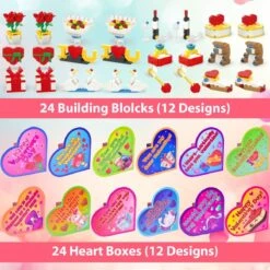 24PCS Kids' Valentines Flower & Heart Building Blocks With Heart Boxes -Popfun 24pcs kids valentines flower heart building blocks with heart boxes 781789