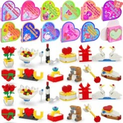 24PCS Kids' Valentines Flower & Heart Building Blocks With Heart Boxes