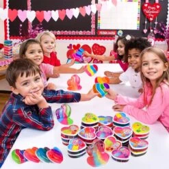 28PCS Kids Valentine Rainbow Heart Slime Kit With Cards -Popfun 28pcs kids valentine rainbow heart slime kit with cards 388570
