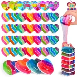 28PCS Kids Valentine Rainbow Heart Slime Kit With Cards