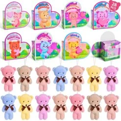 28PCS Valentine’s Mini Keychain Bear Plush Toys With Heart Boxes