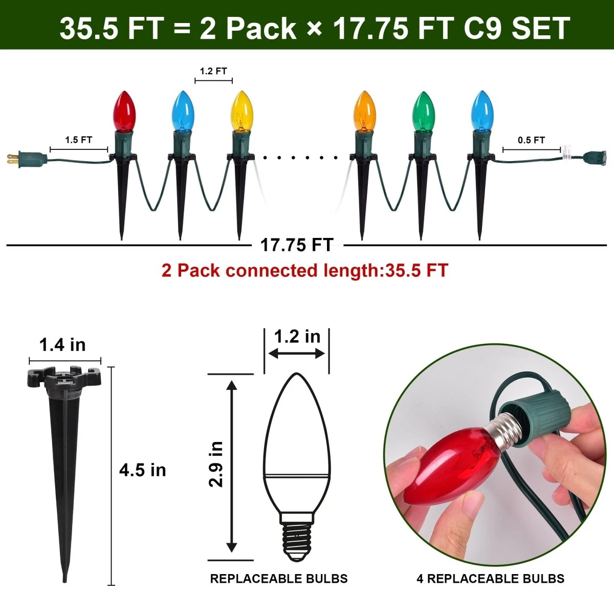 Multicolored Christmas C9 Pathway Marker String Lights 8 Multicolored Christmas C9 Pathway Marker String Lights - Image 6