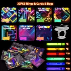 32PCs Kids' Valentine’s Glow Stick Rings With Personalized Cards -Popfun 32pcs kids valentines glow stick rings with personalized cards 950405