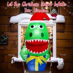3.5 Ft Christmas Inflatable Dinosaur Outdoor Window Decoration Blow Up Decorations For Home Yard Garden Lawn Party With Build-in LED Lights Xmas -Popfun 35ft inflatable christmas santa dinosaur 129694