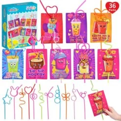 36PCS Kids' Valentine Cards With Crazy Loop Straws Set