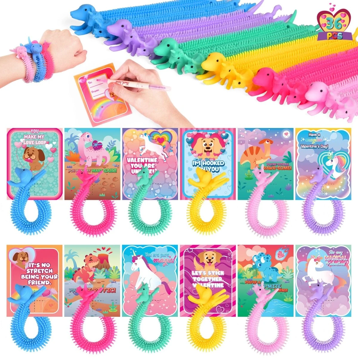 36PCs Valentine's Unicorn Noodle Fidget Toys With Valentine Cards 3 36PCs Valentine's Unicorn Noodle Fidget Toys With Valentine Cards