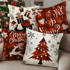 4PCS Christmas White & Red Plaid Pillow Covers Set