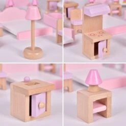 4 Set Wooden Doll House Furniture, 22 PCs Dollhouse Accessories, Pink Wooden Toys -Popfun adorable dollhouse furniture set 148524