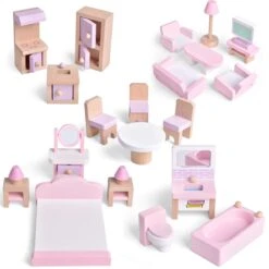 4 Set Wooden Doll House Furniture, 22 PCs Dollhouse Accessories, Pink Wooden Toys