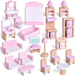 4 Set Wooden Doll House Furniture, 22 PCs Dollhouse Accessories, Pink Wooden Toys -Popfun adorable dollhouse furniture set 348337