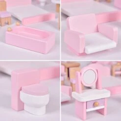 4 Set Wooden Doll House Furniture, 22 PCs Dollhouse Accessories, Pink Wooden Toys -Popfun adorable dollhouse furniture set 704165