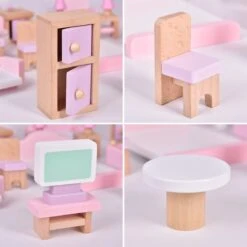 4 Set Wooden Doll House Furniture, 22 PCs Dollhouse Accessories, Pink Wooden Toys -Popfun adorable dollhouse furniture set 933778