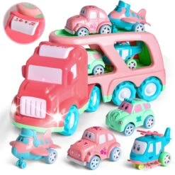 Truck Toys For Kids 2-4, Kids Toys Girls Age 2 3 4 5, Toddler Princess Girl Toys Carrier Truck With Cars And Planes, Toddler Birthday Gifts With Music & Lights For 2 3 4 5 Year Girls