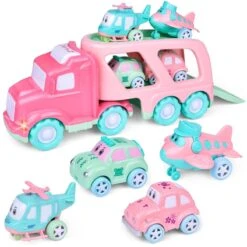 Truck Toys For Kids 2-4, Kids Toys Girls Age 2 3 4 5, Toddler Princess Girl Toys Carrier Truck With Cars And Planes, Toddler Birthday Gifts With Music & Lights For 2 3 4 5 Year Girls -Popfun cartoon vehicles with carrier truck 867333