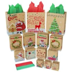 Christmas Kraft Paper Bags With Handles & Tissue Papers -Popfun christmas kraft paper bags 398734