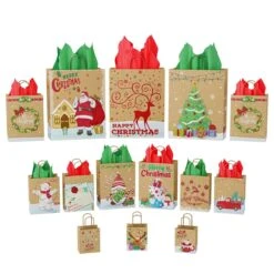 Christmas Kraft Paper Bags With Handles & Tissue Papers -Popfun christmas kraft paper bags 541225