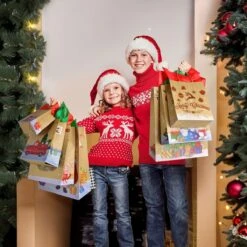 Christmas Kraft Paper Bags With Handles & Tissue Papers -Popfun christmas kraft paper bags 660500