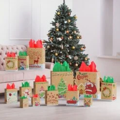 Christmas Kraft Paper Bags With Handles & Tissue Papers -Popfun christmas kraft paper bags 681518