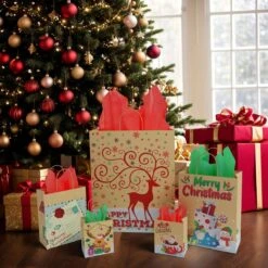 Christmas Kraft Paper Bags With Handles & Tissue Papers