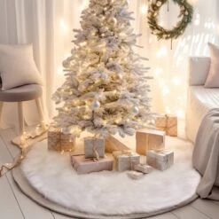 Christmas White Faux Fur Tree Skirt -Popfun christmas tree skirts 196609