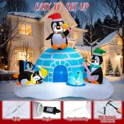 6FT Inflatable Christmas Penguin With Igloo & LED Lights -Popfun inflatable christmas penguin with igloo 616454