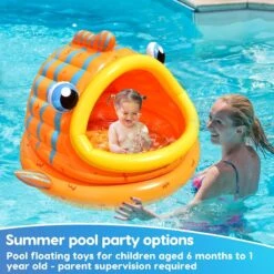 FUN LITTLE TOYS Inflatable Baby Pool With Shade, Kids Blow Up Pool With Canopy, Kiddie Pool For Indoor Outdoor Summer Swimming Floats For Toddler 3-48 Months -Popfun inflatable gold fish shade kiddie pool 797231