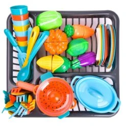 Play Dishes For Kids Kitchen, 54PCS Food Toys Play Food For Kids Kitchen Including Play Dishes Pots, Pans & Pretend Food Pretend Toys For Toddlers -Popfun kid kitchenware set 102654