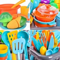 Play Dishes For Kids Kitchen, 54PCS Food Toys Play Food For Kids Kitchen Including Play Dishes Pots, Pans & Pretend Food Pretend Toys For Toddlers -Popfun kid kitchenware set 707898