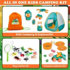FUN LITTLE TOYS Kids Camping Set With Pop Up Play Tent Camping Toys With Battery Lantern And Drawstring Bag Indoor Outdoor Pretend Play, Christmas Birthday Gifts For Boys -Popfun kids camping play tent with accessories 35pcs 844511