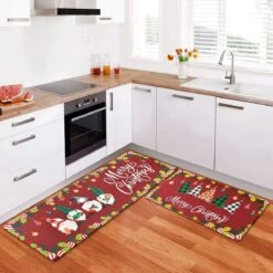 2PCS Red Christmas Elf Kitchen Floor Mat -Popfun red christmas elf table mat 389705
