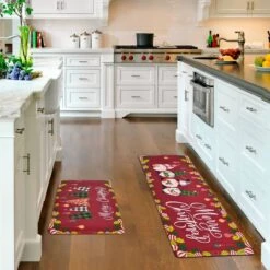 2PCS Red Christmas Elf Kitchen Floor Mat -Popfun red christmas elf table mat 462797