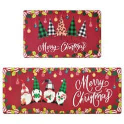 2PCS Red Christmas Elf Kitchen Floor Mat -Popfun red christmas elf table mat 730580