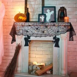 Halloween Decorations Indoor - Mantel With String Lights Lace Spiderweb Decor Inside For Home Party Supplies (18 X 96 Inch) -Popfun spiderweb mantel scarf 107526