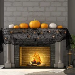 Halloween Decorations Indoor - Mantel With String Lights Lace Spiderweb Decor Inside For Home Party Supplies (18 X 96 Inch) -Popfun spiderweb mantel scarf 921583