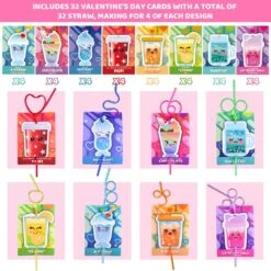 Crazy Straws With Valentines Day Cards For Kids (32pcs) -Popfun valentines day cards for kids with crazy straws 32 pcs 780235