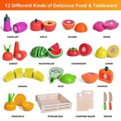FUN LITTLE TOYS 35PCS Wooden Play Food For Kids Kitchen, Pretend Cutting Food Toys With Wooden Tray, Dishes And Knife For Kids, Pretend Play Food For Christmas Birthday Gifts -Popfun wooden play food for kids 134704