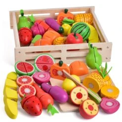 FUN LITTLE TOYS 35PCS Wooden Play Food For Kids Kitchen, Pretend Cutting Food Toys With Wooden Tray, Dishes And Knife For Kids, Pretend Play Food For Christmas Birthday Gifts